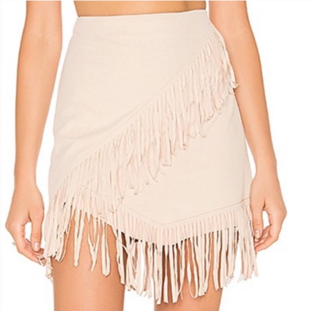 1. State Fringe Wrap Faux Suede Mini Skirt